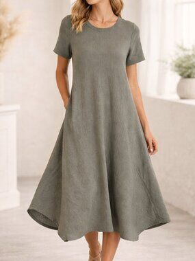 Vivian Shyu Sage Green Linen Midi Dress Relaxed Lagenlook A-Line Minimalist S/M